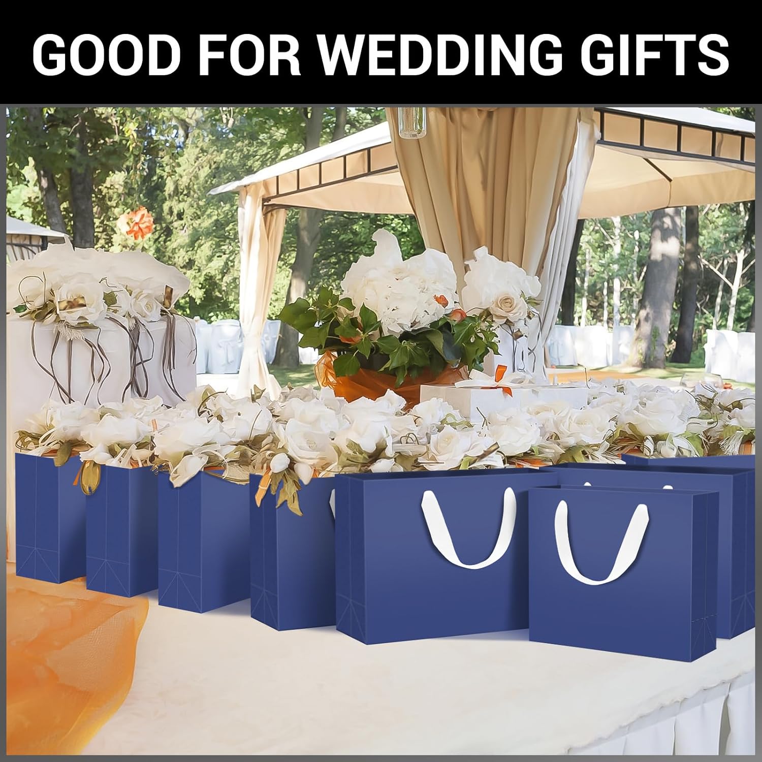 EUSOAR Bolsas de regalo azules a granel, paquete de 12 unidades de papel kraft de 12.5 x 4.5 x 11 pulgadas con asas, envoltura al por menor para