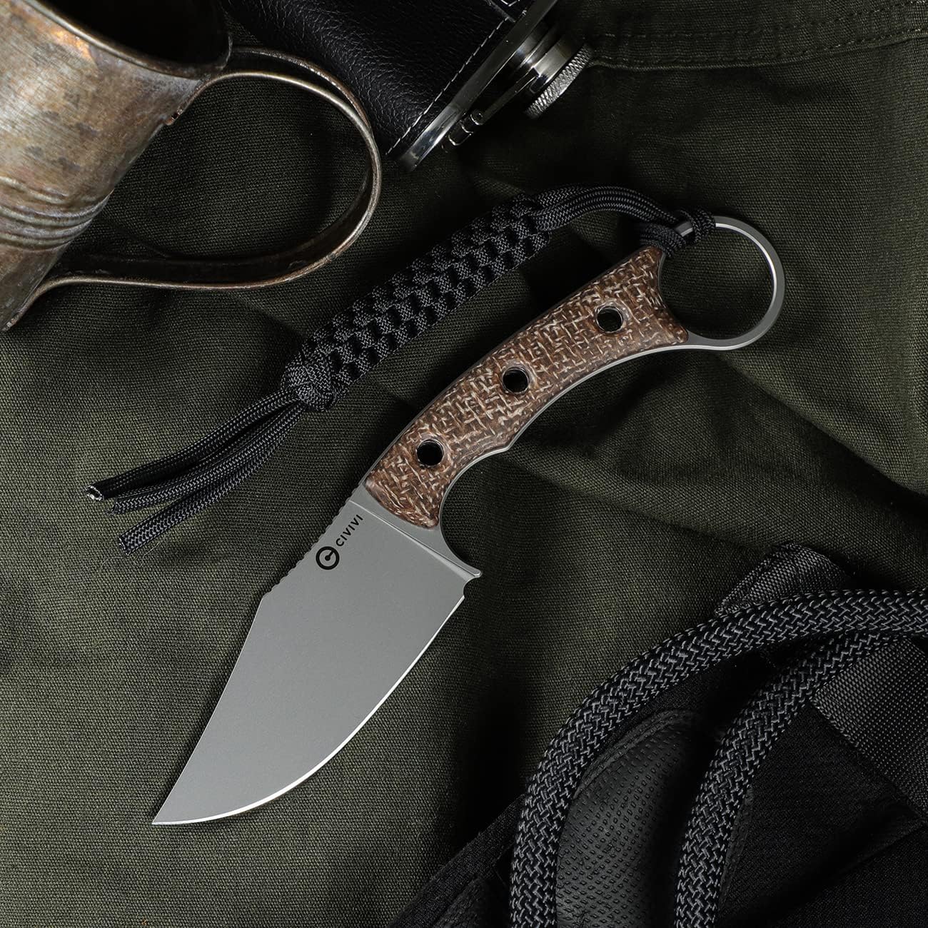 CIVIVI Midwatch Cuchillo de hoja fija, 3.39 pulgadas Bohler N690 hoja de acero mango de arpillera Micarta con funda Kydex y cordón de paracaídas