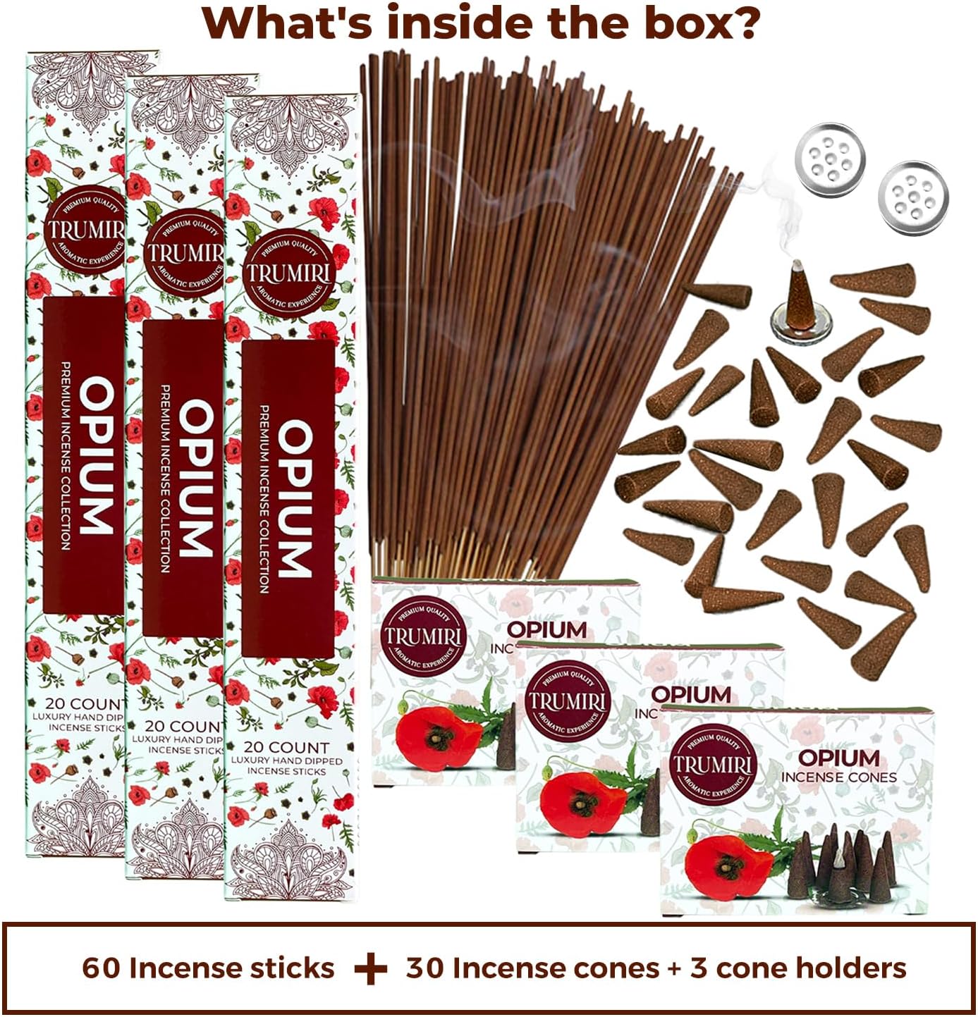 Paquete combinado de varillas de incienso y conos de incienso perfumados de opio, 60 varillas de incienso + 30 conos de insencia, incienso, conos de