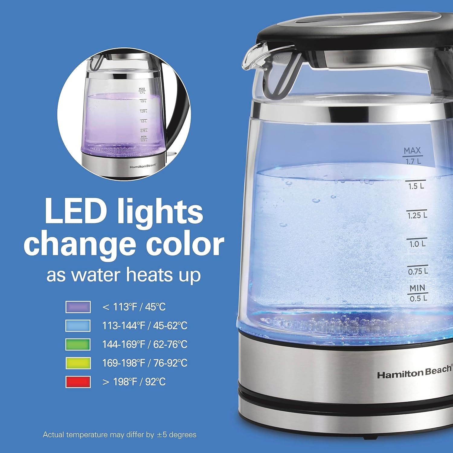 Hamilton Beach Hervidor de té eléctrico de doble pared de 1.7L, caldera de agua y calentador, filtro de malla integrado, apagado automático y