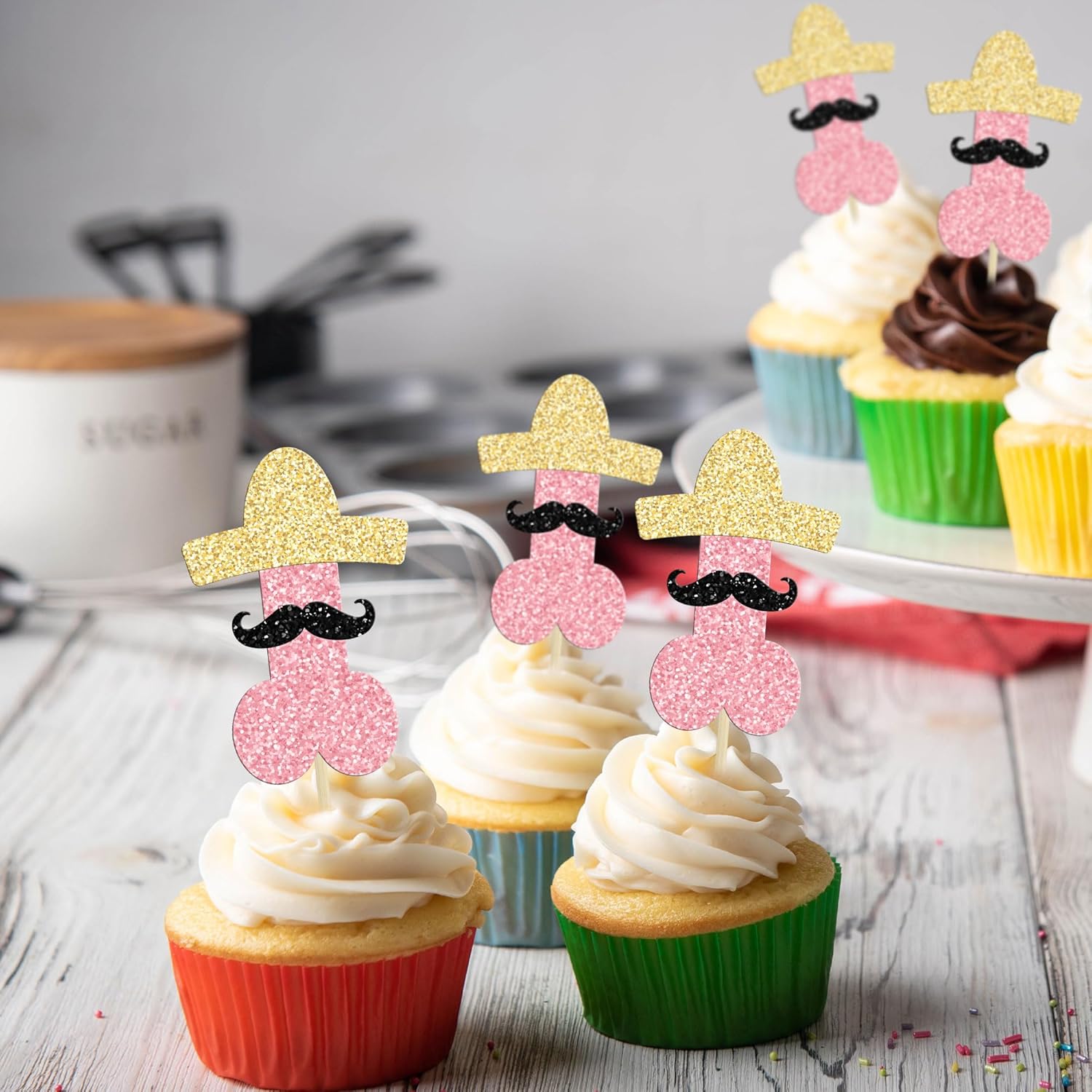 Gyufise 24 adornos para cupcakes con sombrero, barba, brillantina, para cupcakes, despedidas de soltera, decoraciones divertidas para tartas, bodas,