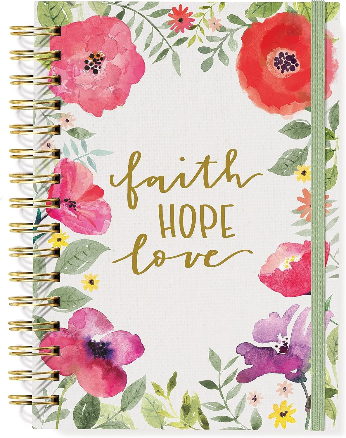 Designer Greetings, Designer Papers – Diario de tapa flexible con banda elástica, diseño floral de acuarela “Faith, Hope, Love”, 320 páginas (6 x