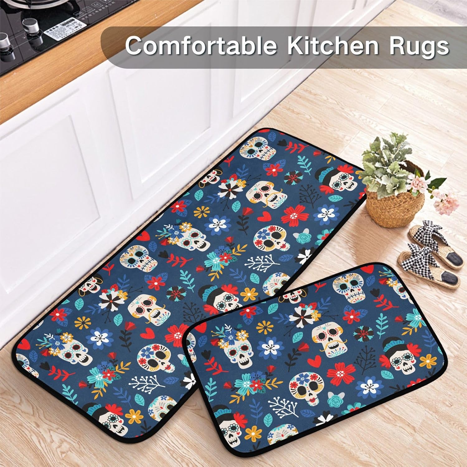 Exnundod Tapetes de cocina con diseño de calaveras mexicanas, diseño de calaveras de flores, alfombra de corredor lavable antideslizante con parte