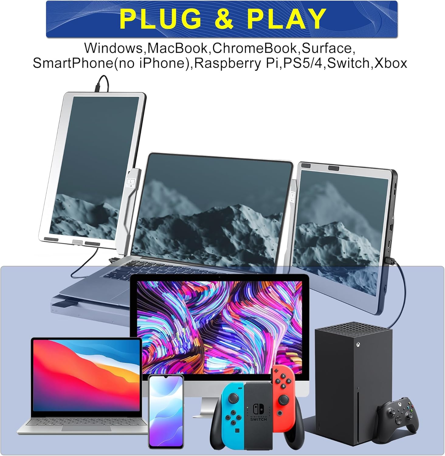 JoyReal Monitor triple para laptop, extensor de pantalla portátil 1080P de 14 pulgadas, estación de trabajo giratoria de 360 grados con múltiples