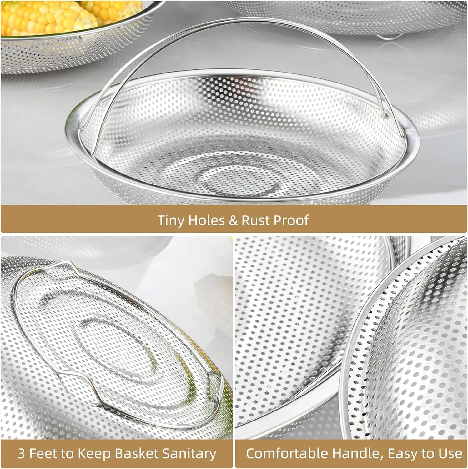 Cesta de vapor multifuncional todo en uno con asa, cesta de drenaje de acero inoxidable para el hogar, malla fina al vapor, apta para lavavajillas,