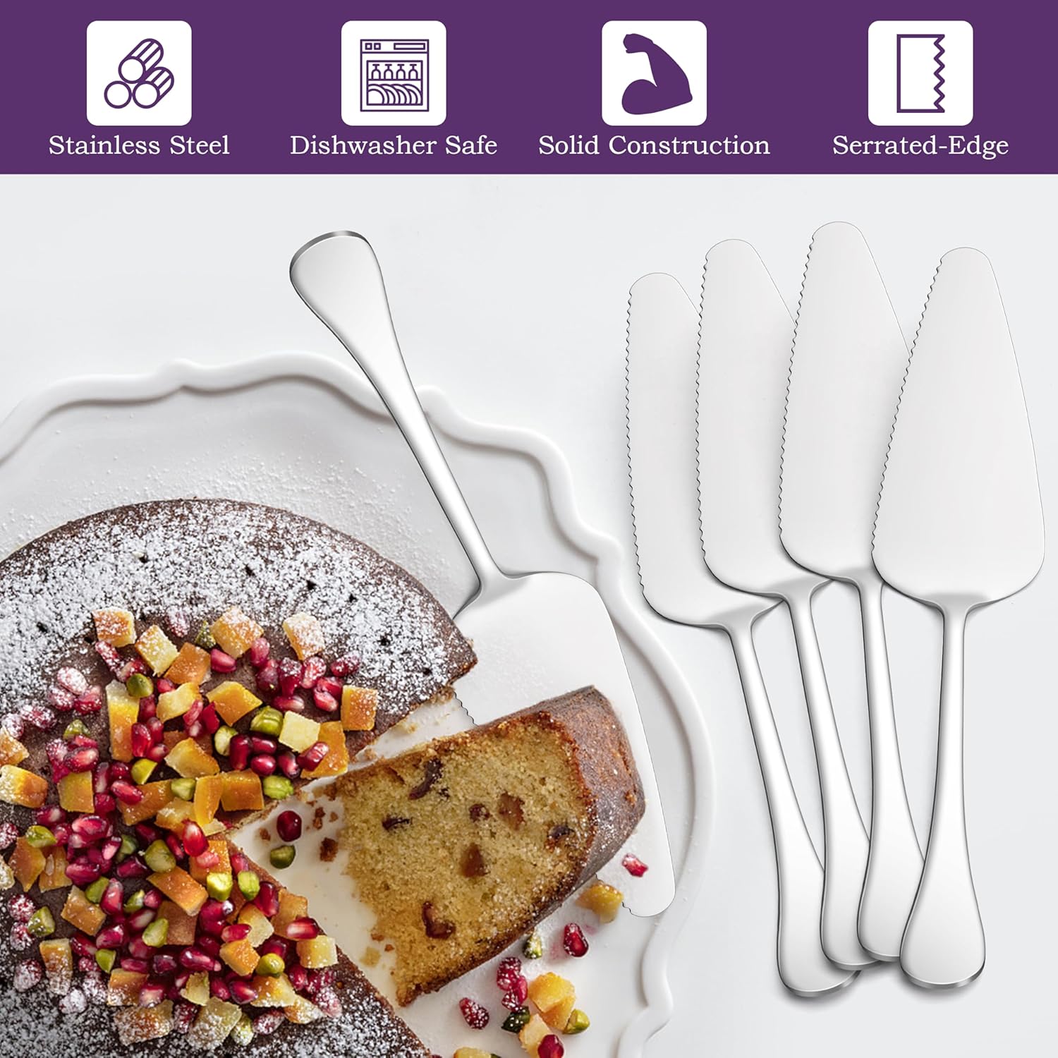 E-far – Servidor de pastel de 5 piezas, cortador de espátula de acero inoxidable para pastelería queso pizza, borde dentado con mango redondo,