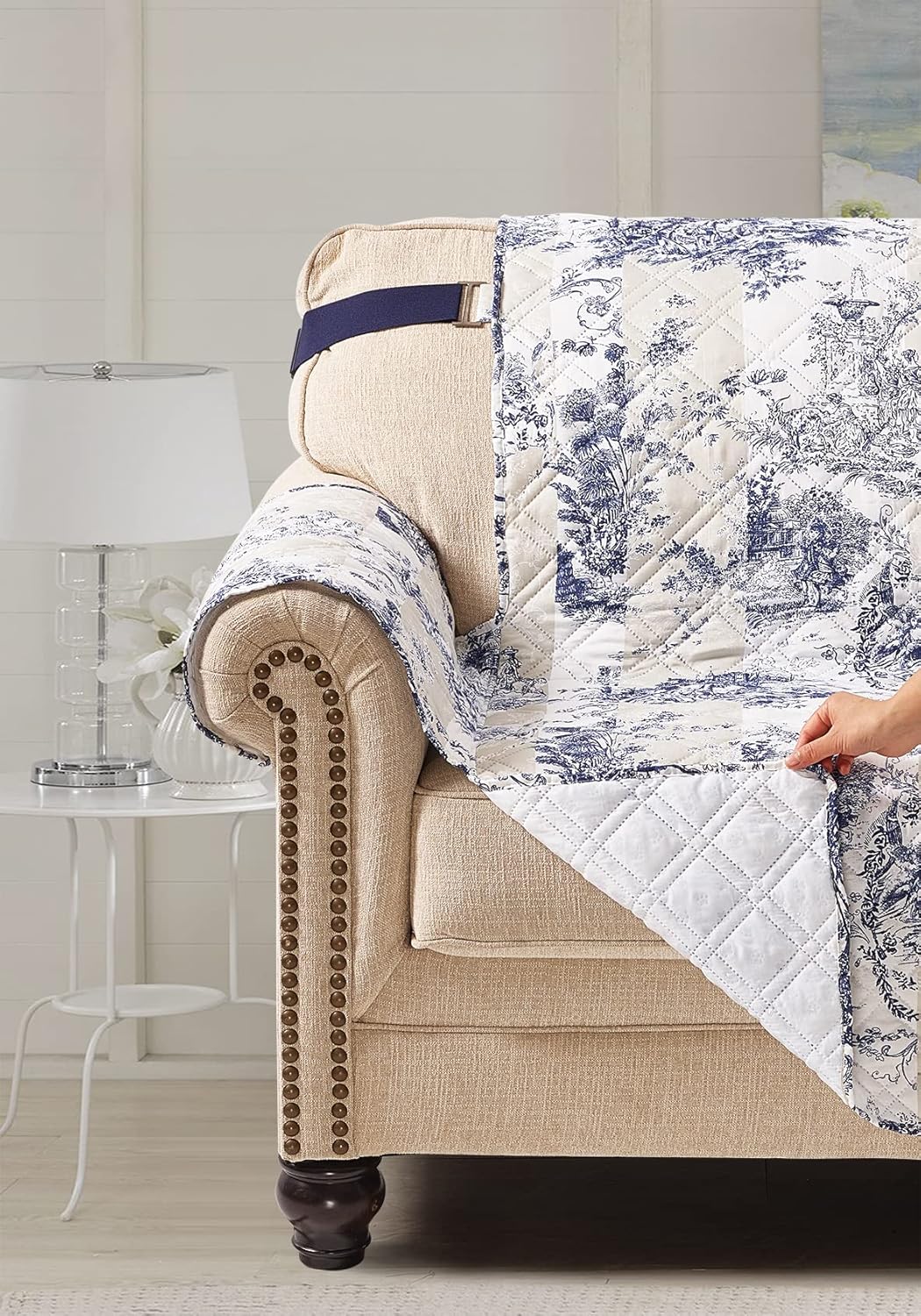 Brilliant Sunshine Blue Toile – Funda acolchada para sillón reclinable grande, 28 pulgadas de ancho de asiento, protector de muebles antideslizante,