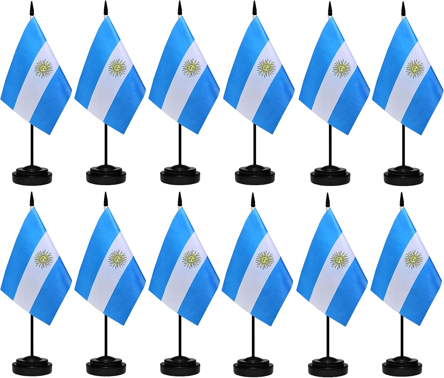 Juego de banderas argentinas de escritorio con poste negro de 13 pulgadas, base negra y parte superior de lanza, bandera de escritorio argentina de