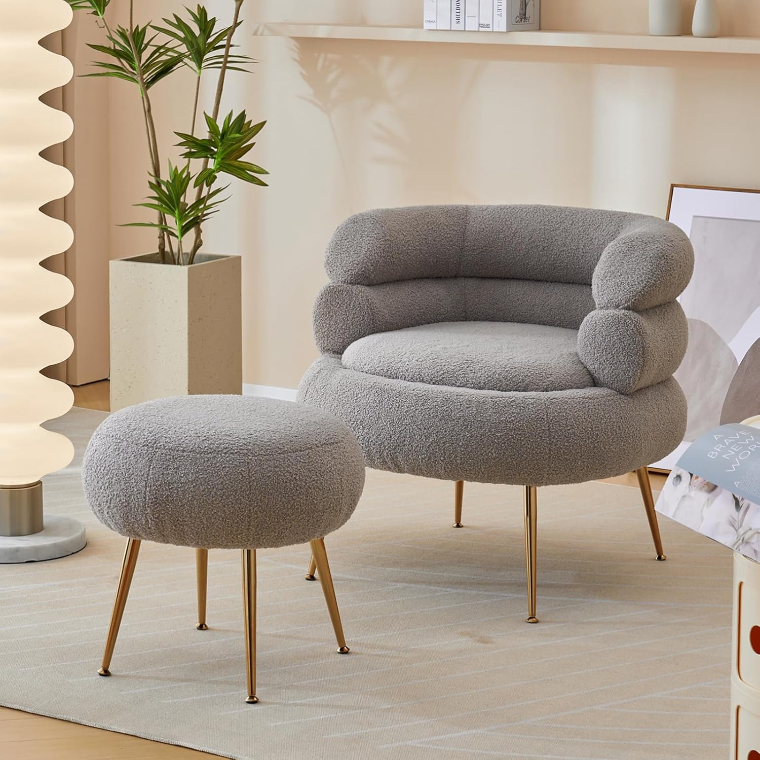 Modern Accent Chair with Ottoman,Teddy Fleece Velvet Comfy Reading Chair Leisure Armchairs Lounge Single Sofa Couch for Small Space, Apartment,