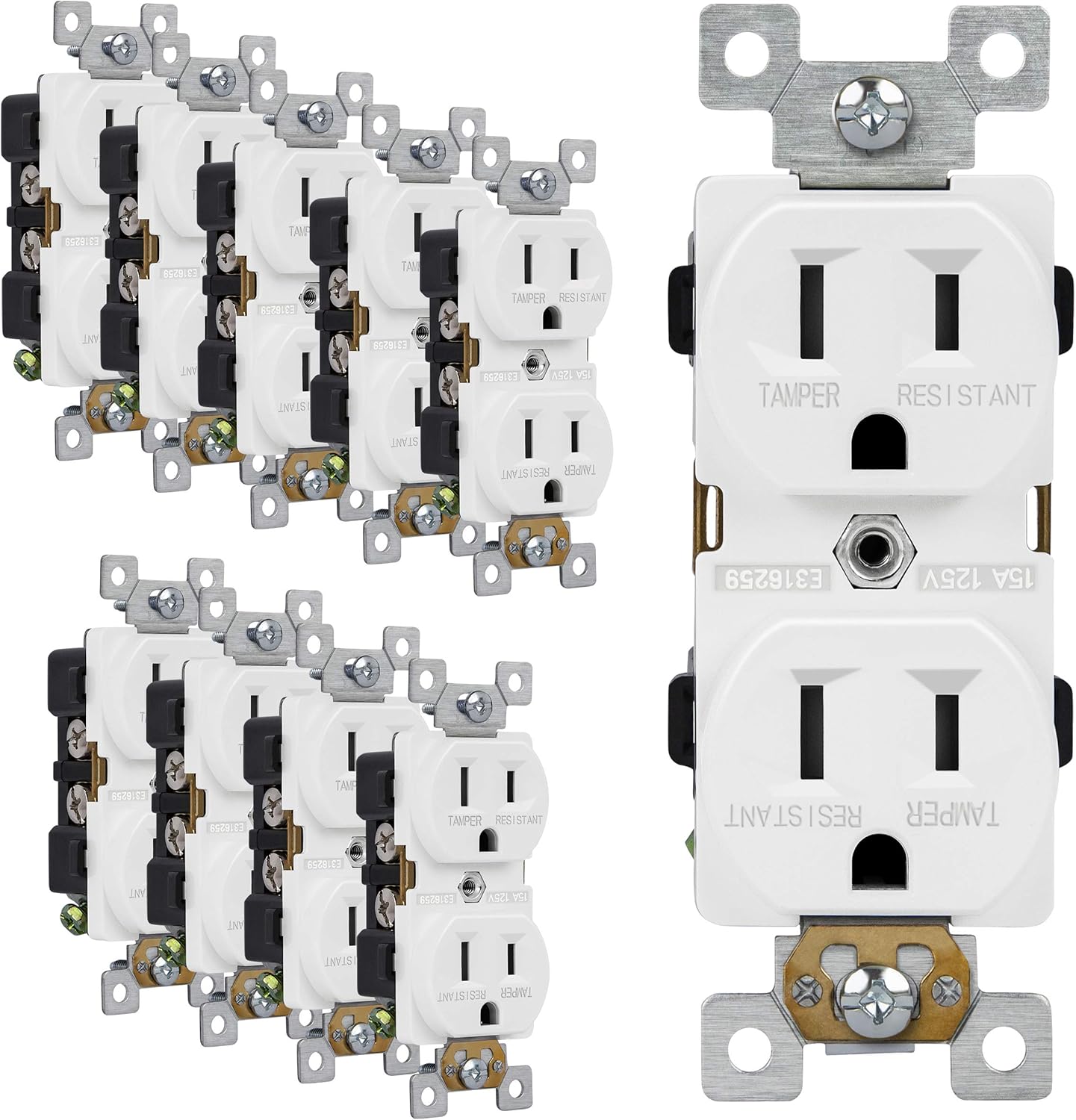 ENERLITES Tomas de receptáculo dúplex, resistentes a manipulaciones, grado comercial, 15 A 125 V, autoconexión a tierra, 2 polos, 3 cables, 5-15R,