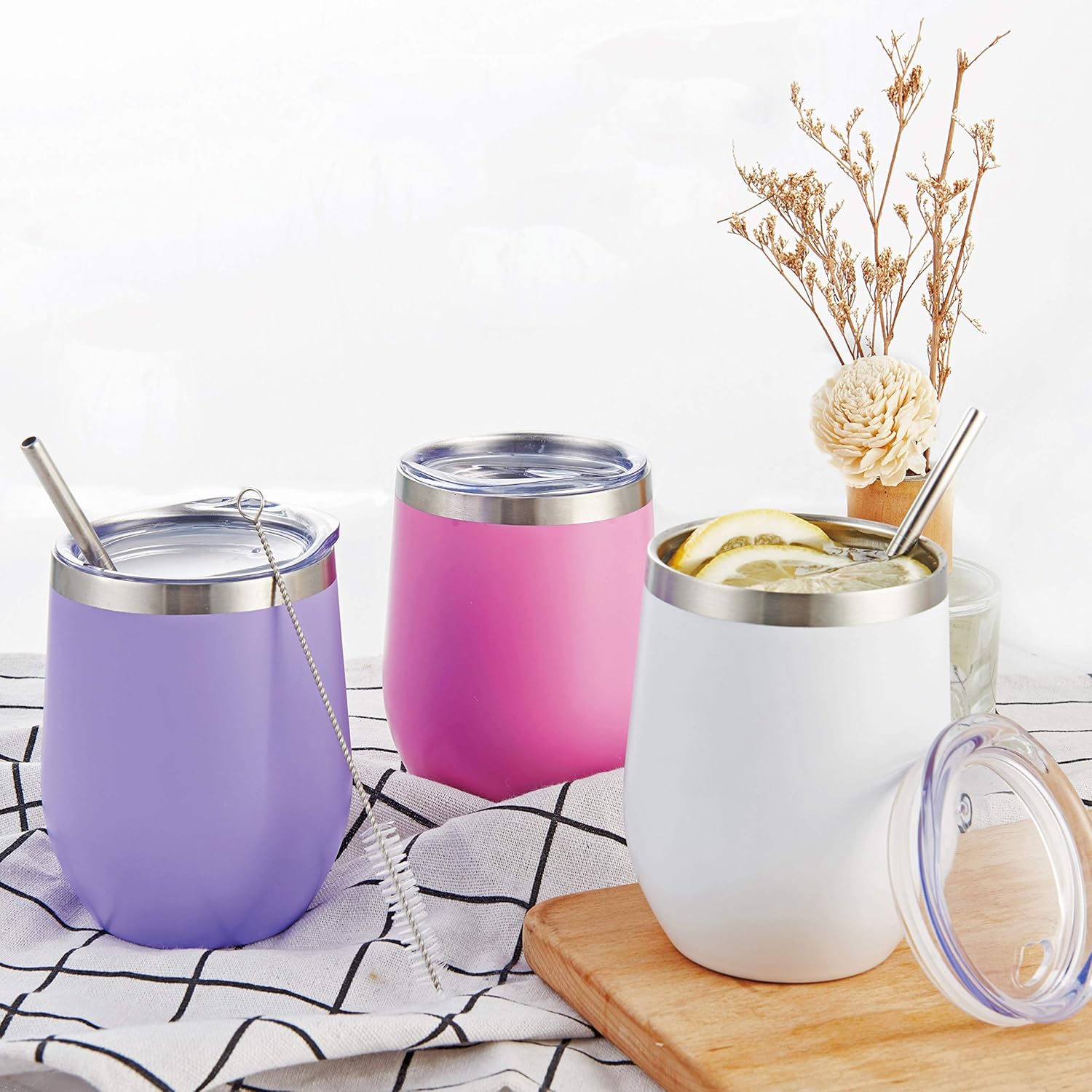 HITSLAM Vaso de vino taza de café vaso aislado de viaje de 12 onzas con tapa y pajita, acero inoxidable al vacío de doble pared, regalo para