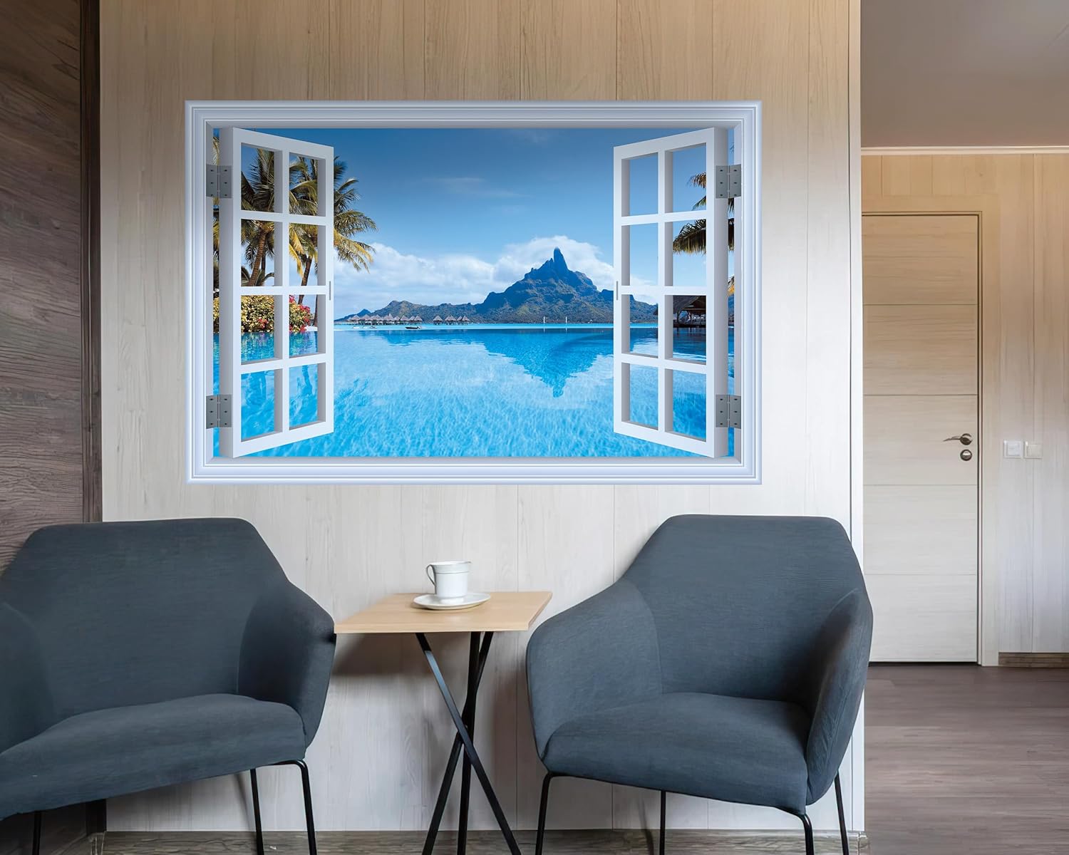 FLFK Mural de pared falso para ventana, calcomanía de pared de ventana sintética con vista al mar para decoración de pared, calcomanías de pared