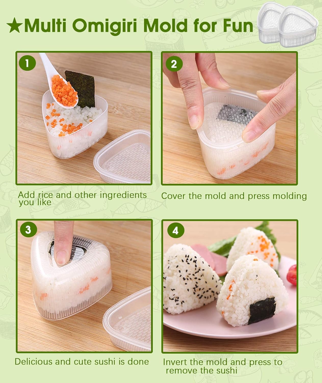 Juego de 12 moldes de onigiri, kit de fabricación de sushi, molde de bolas de arroz, tapete rodante de sushi, molde de arroz, tenedor de frutas,