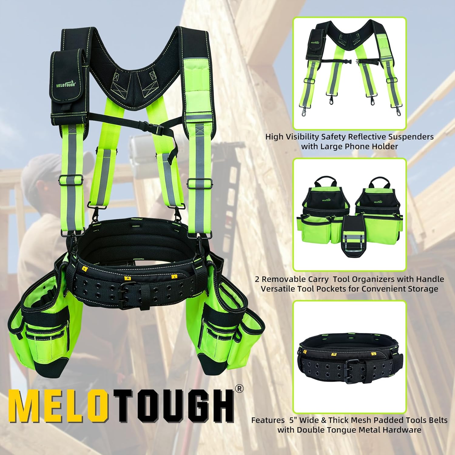 MELOTOUGH Cinturón de seguridad reflectante con tirantes, bolsa de herramientas de alta visibilidad, tirantes para construcción de cinturón de