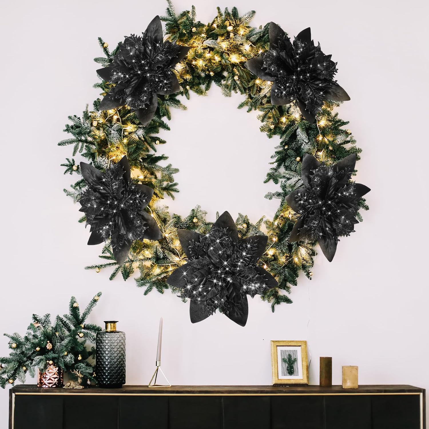 Adornos de flores de Pascua artificiales de Navidad con purpurina y clips y tallos, adornos para árbol de Navidad de Pascua con purpurina para