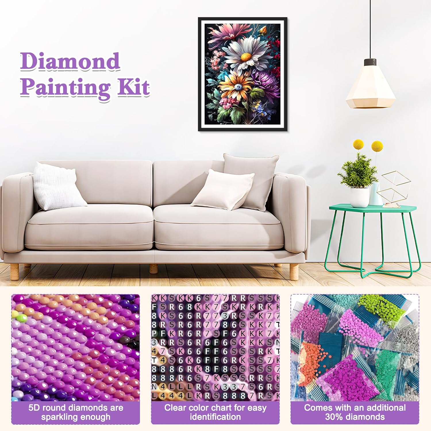 RICUVED Pintura artística de diamantes de flores, kits de pintura de diamantes coloridos para adultos, arte de gemas de diamantes 5D, taladro