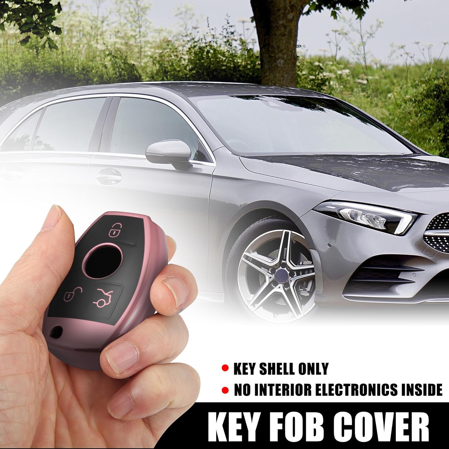 X AUTOHAUX Funda para llavero de automóvil con 3 botones y llavero rosa para Mercedes Benz C E S M CLS CLK G