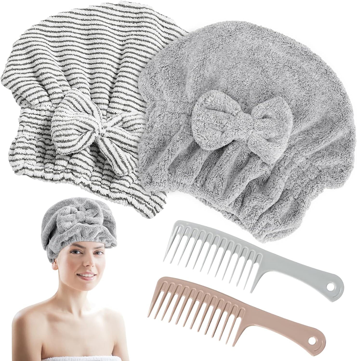HMIEPRS Paquete de 2 toallas de microfibra para el cabello, gorro de secado rápido, toalla suave absorbente y 2 peines para cabello rizado, largo y