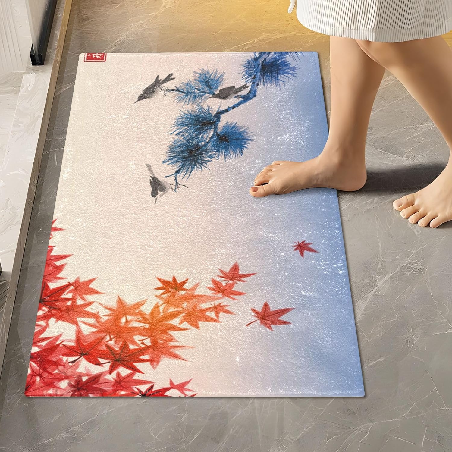 Bathroom Rugs Sets 2 Piece 24×16+24×20 Inch,Soft U-Shaped Contour Toilet Rug Red Maple Leaves Bird Non-Slip Absorbent Bath Floor Mat Carpet Set