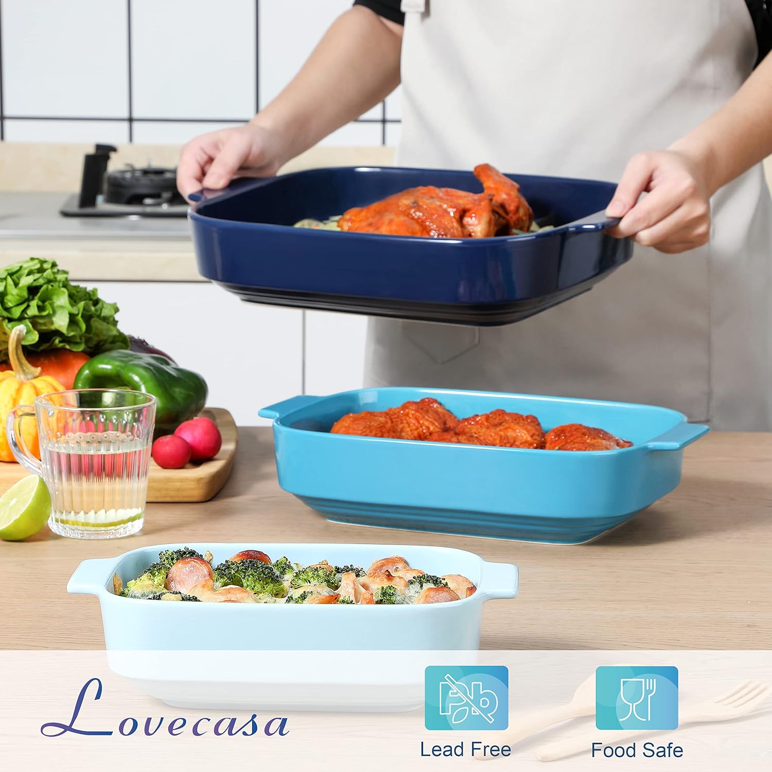 LOVECASA Juego de 3 cacerolas para horno, platos de cerámica para hornear, sartenes rectangulares para lasaña profundas con asas, moldes para