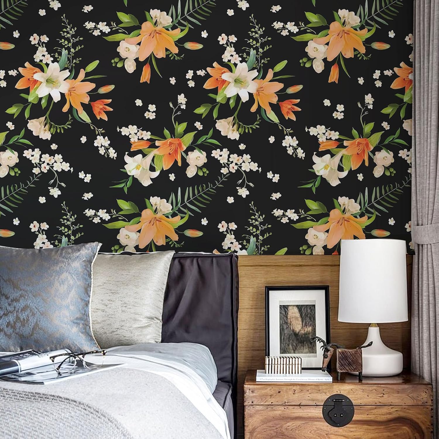 Papel tapiz autoadhesivo con diseño floral negro para dormitorio, baño, extraíble, encimera, gabinete, decoración del hogar, papel tapiz de vinilo