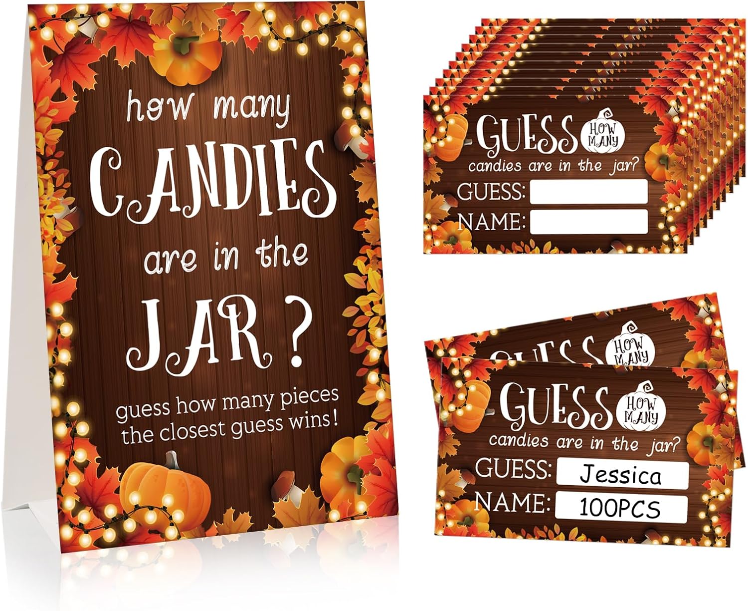 FaCraft Guess How Many Candies Are in the Jar – 50 unidades de calabaza de otoño para baby shower, tarjetas de juego de adivinanzas para Acción de