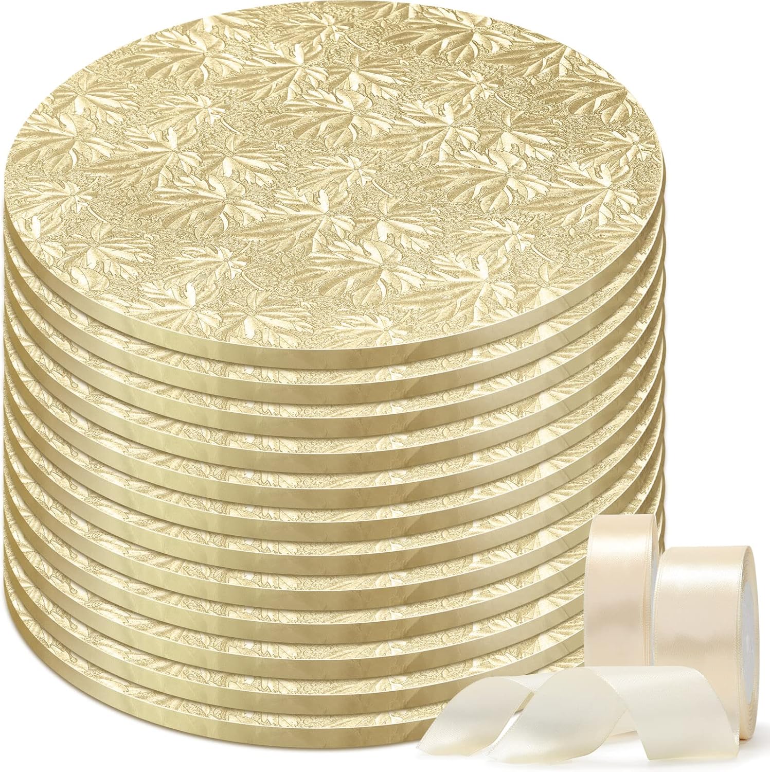 Paquete de 12 tambor redondo de 10 pulgadas de grosor dorado con 2 rollos de cinta de satén de 1.61 pulgada, base de madera resistente a la grasa