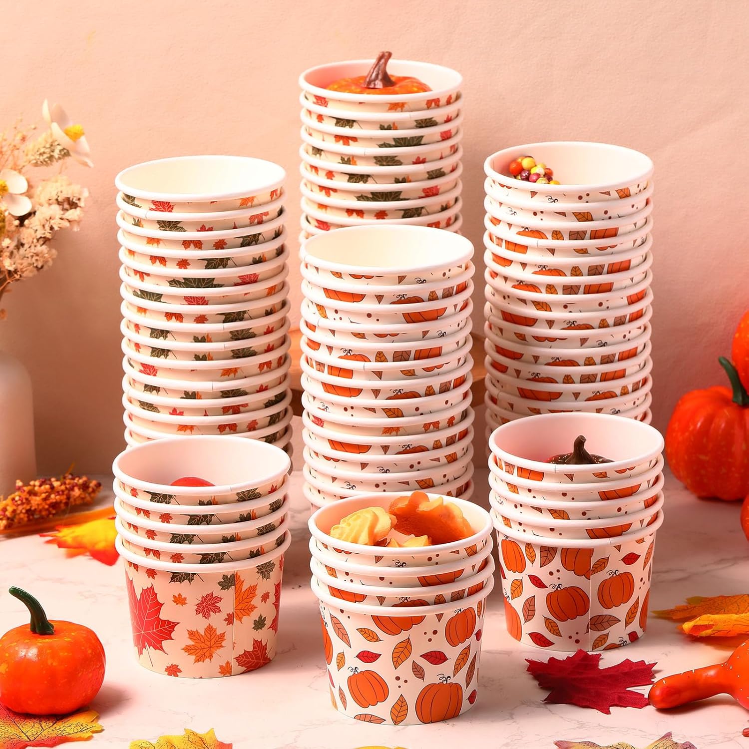 Sliner 100 cuencos de papel con temática de otoño de 9 onzas para postre y Día de Acción de Gracias, tazas desechables para helado de hoja de arce,
