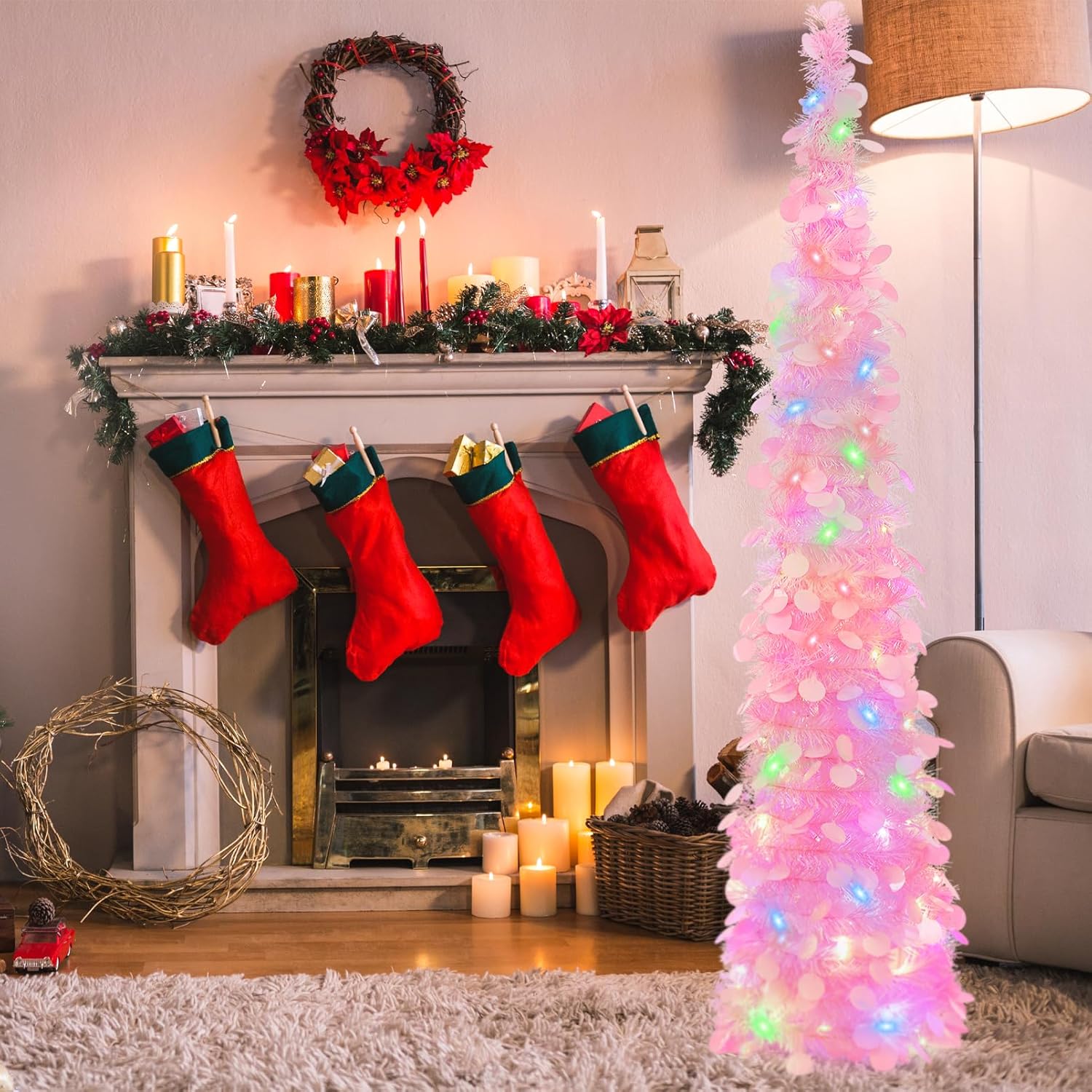 GlyinnHe Árbol de Navidad de oropel desplegable de 5 pies con 50 luces multicolores, lápiz de Navidad preiluminado con lentejuelas rosas, funciona