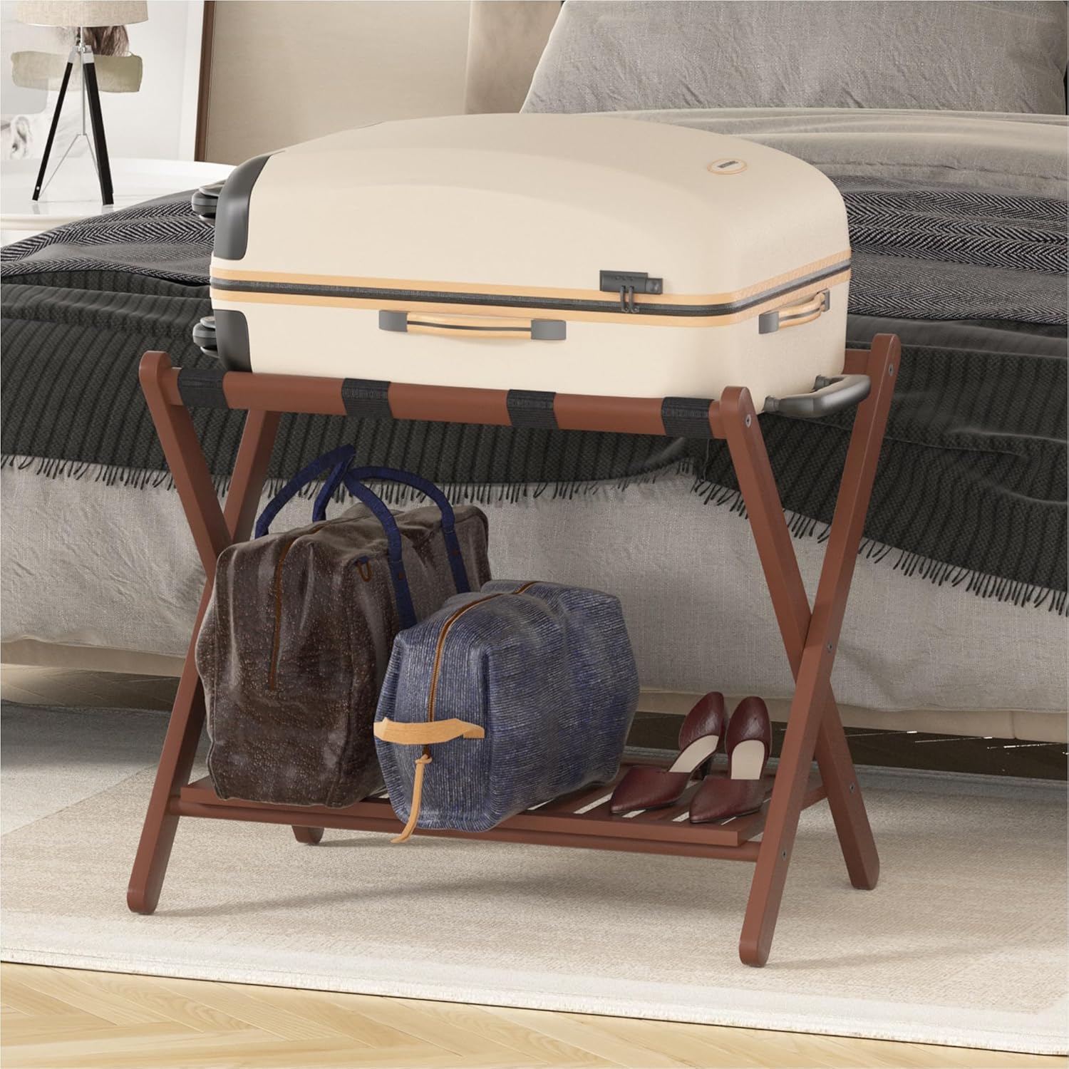 Zoopolyn Portaequipajes de bambú totalmente montado con estante de almacenamiento para habitación de invitados plegable maleta soporte hotel