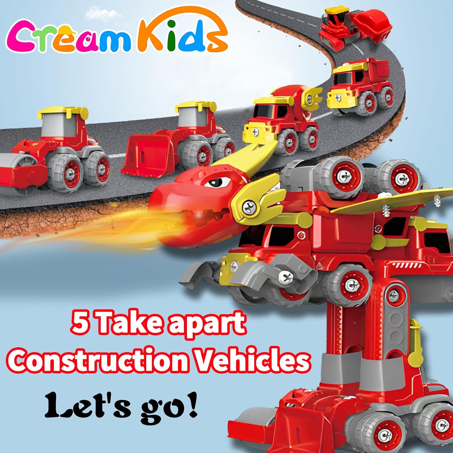 CREAMKIDS – Juego de auto de ingeniería desarmable, 5 en 1, vehículos de construcción, se transforma en robot de pterosaurio, juguete de