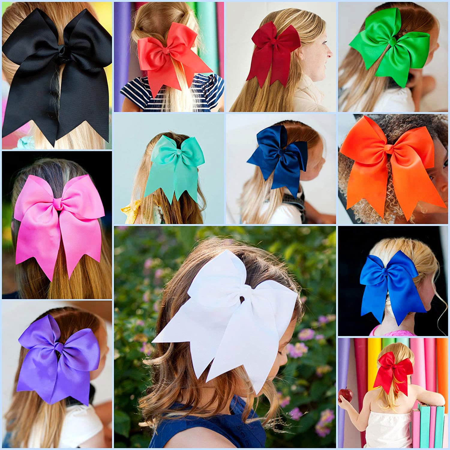 WillingTee 20 lazos grandes de 8 pulgadas para niñas, soporte para cola de caballo, cinta de grogrén, lazos de animadora, bandas elásticas para el
