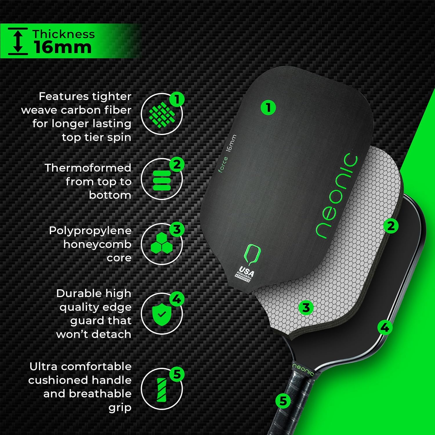 Force – Paleta de pickleball de fibra de carbono de 0.630 in, paleta profesional alargada termoformada con inyección de espuma Unibody