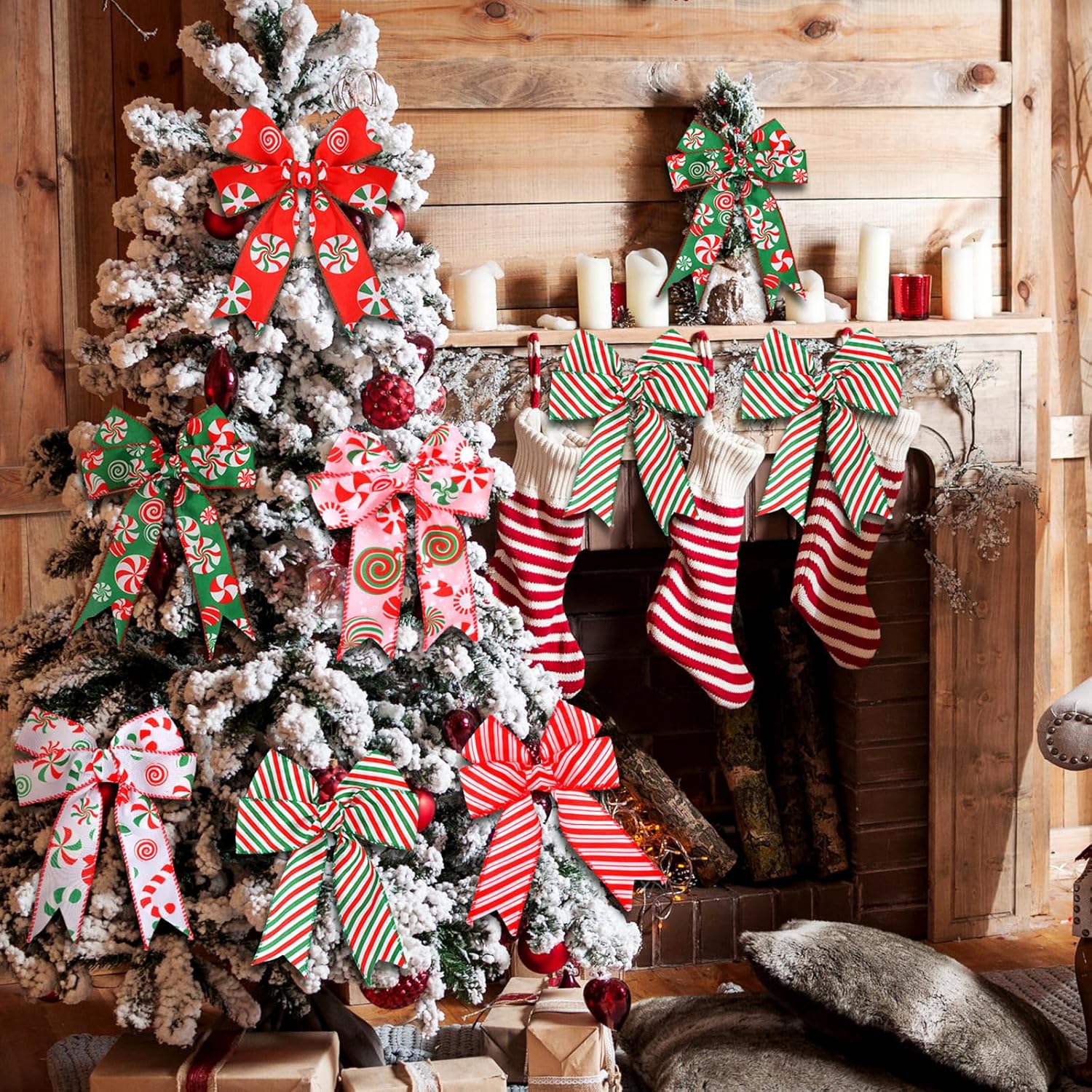Yingzhao 6 rollos de 30 yardas de caramelo de Navidad de menta con borde con alambre, cinta de arpillera de caramelo de Navidad, cinta de arpillera