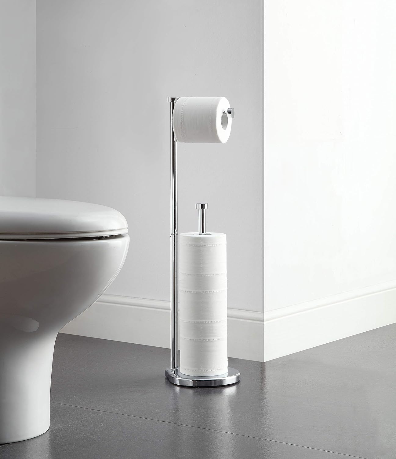SunnyPoint Soporte de papel higiénico de baño independiente con reserva, el área de reserva tiene suficiente espacio para rollo jumbo (cromado)