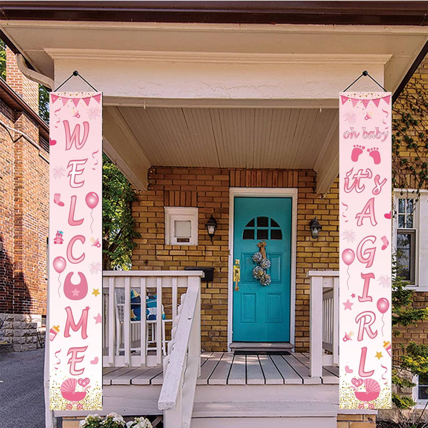 Cartel de bienvenida para baby shower con 70.8 x 11.8 pulgadas, cartel de bienvenida con texto en inglés “Welcome Oh Baby It’s a Girl”, cartel