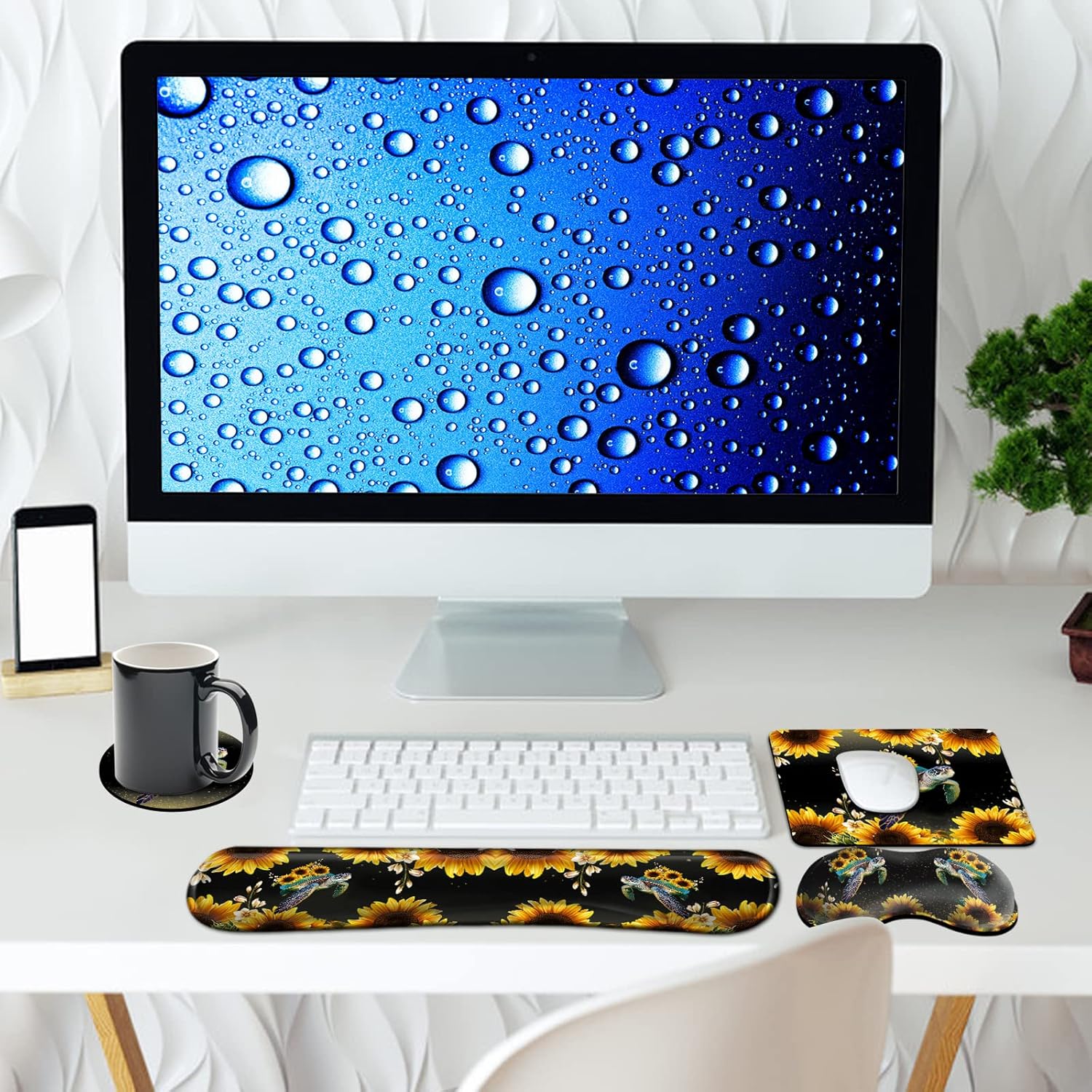Alfombrilla de mouse con soporte de muñeca + almohadilla de muñeca para teclado + alfombrilla de mouse para juegos + bonitos posavasos juego de 4
