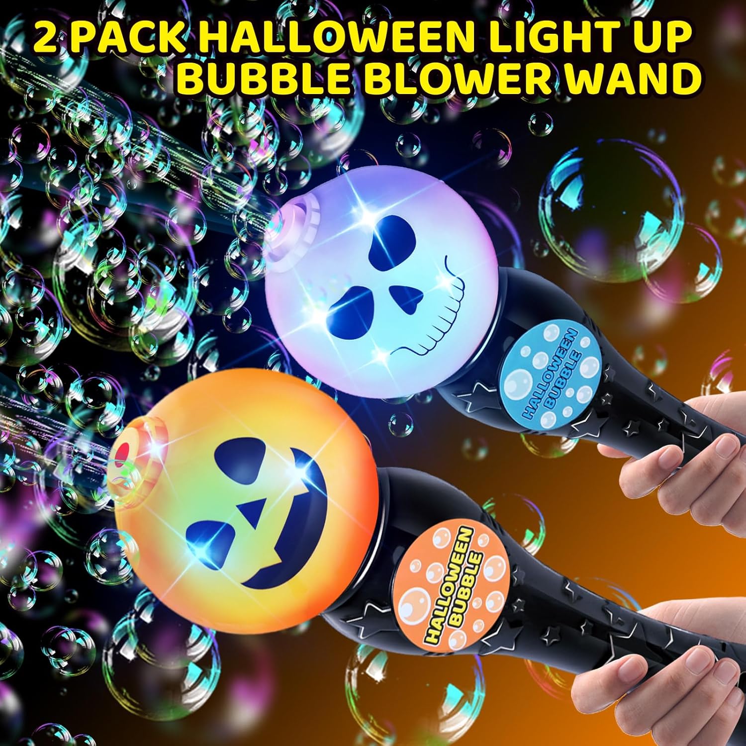 Paquete de 2 varitas sopladoras de burbujas con luz de Halloween, máquina de burbujas brillantes de calabaza y fantasma con 4 soluciones de
