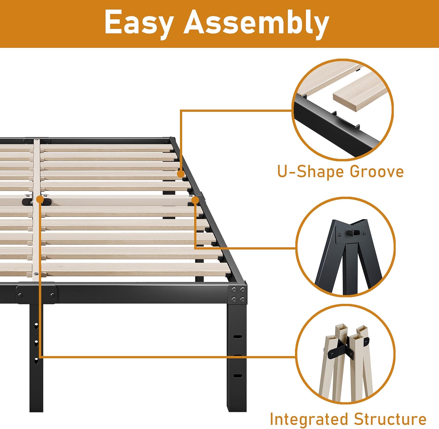 Base de cama de metal tamaño California King, soporte de listones de madera, 14 pulgadas de alto, no necesita somier, soporte resistente de 3500