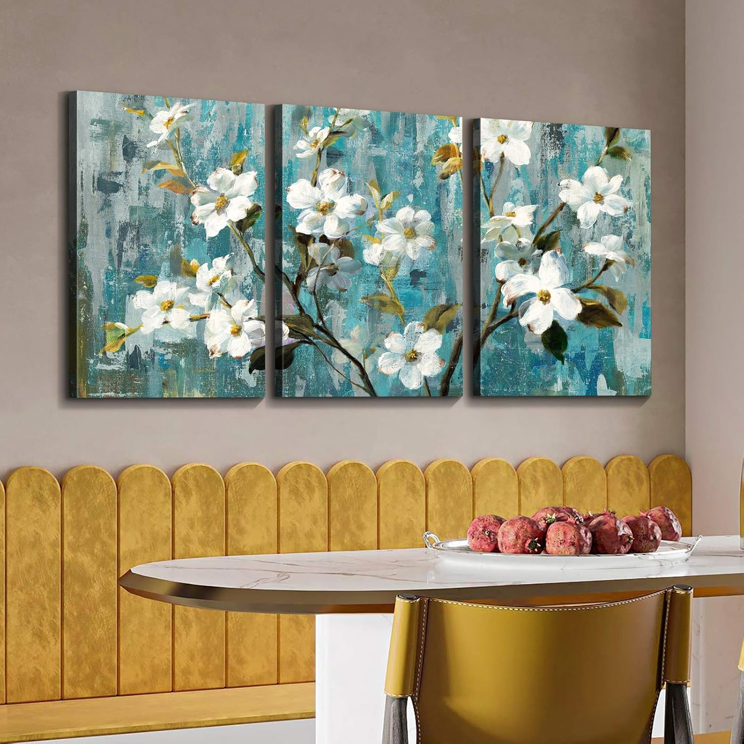 Denozer Arte de pared de flores para baño, decoración de pared de flores blancas con fondo abstracto, lienzo, ilustraciones modernas, lienzo,