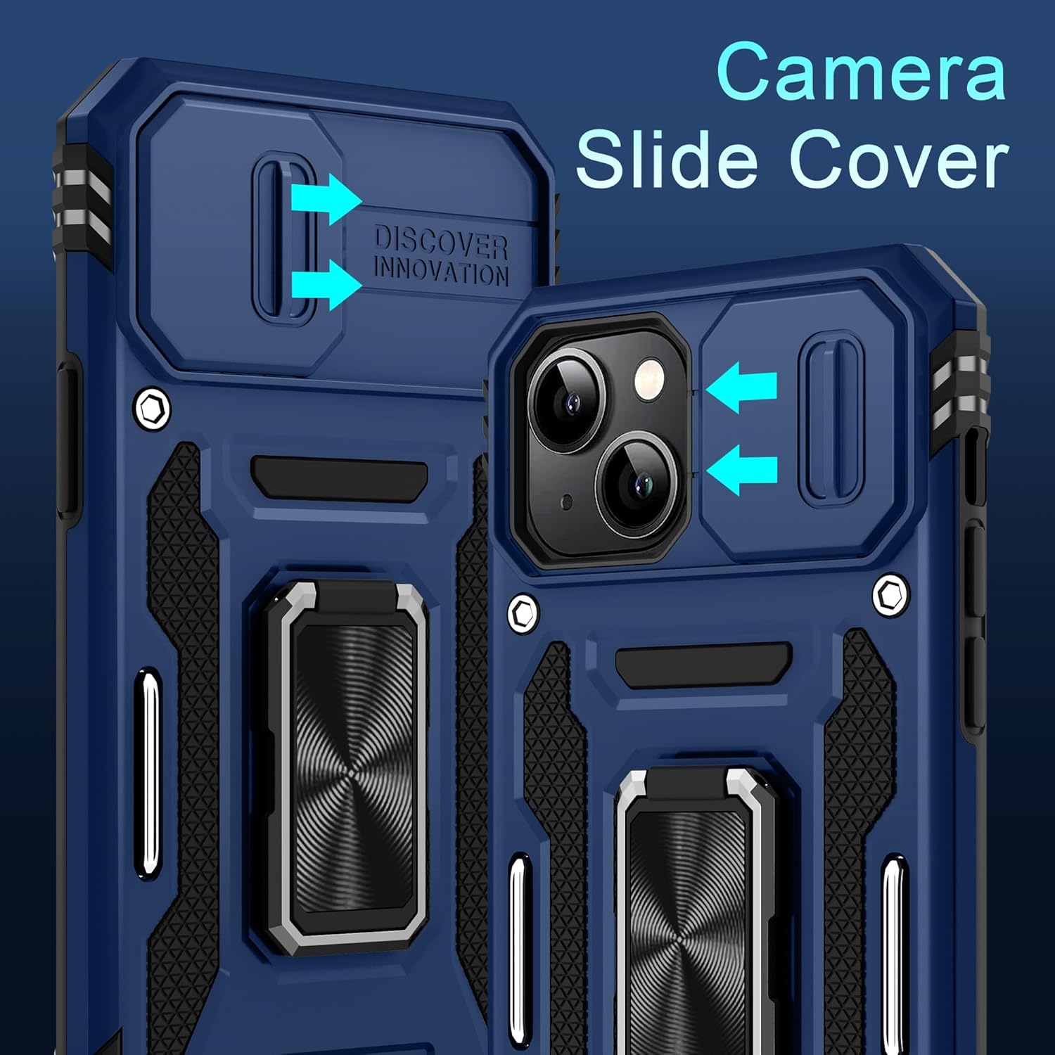DEERLAMN Funda para iPhone 13, iPhone 14 con cubierta deslizante para cámara + protector de pantalla (2 unidades), soporte de anillo giratorio de