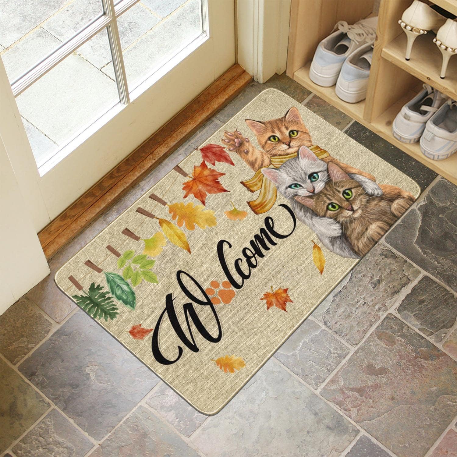 Divertida alfombra de bienvenida con diseño de gato, tapete de bienvenida de otoño al aire libre, tapete de goma antideslizante para interiores y