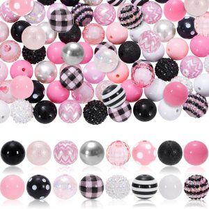 Whaline 50 cuentas de goma de mascar mixtas de 0.78 pulgadas, 16 estilos, cuentas espaciadoras rosas y negras, juego de cuentas gruesas de punto a Whaline 50 cuentas de goma de mascar mixtas de 0.78 pulgadas, 16 estilos, cuentas espaciadoras rosas y negras, juego de cuentas gruesas de punto a