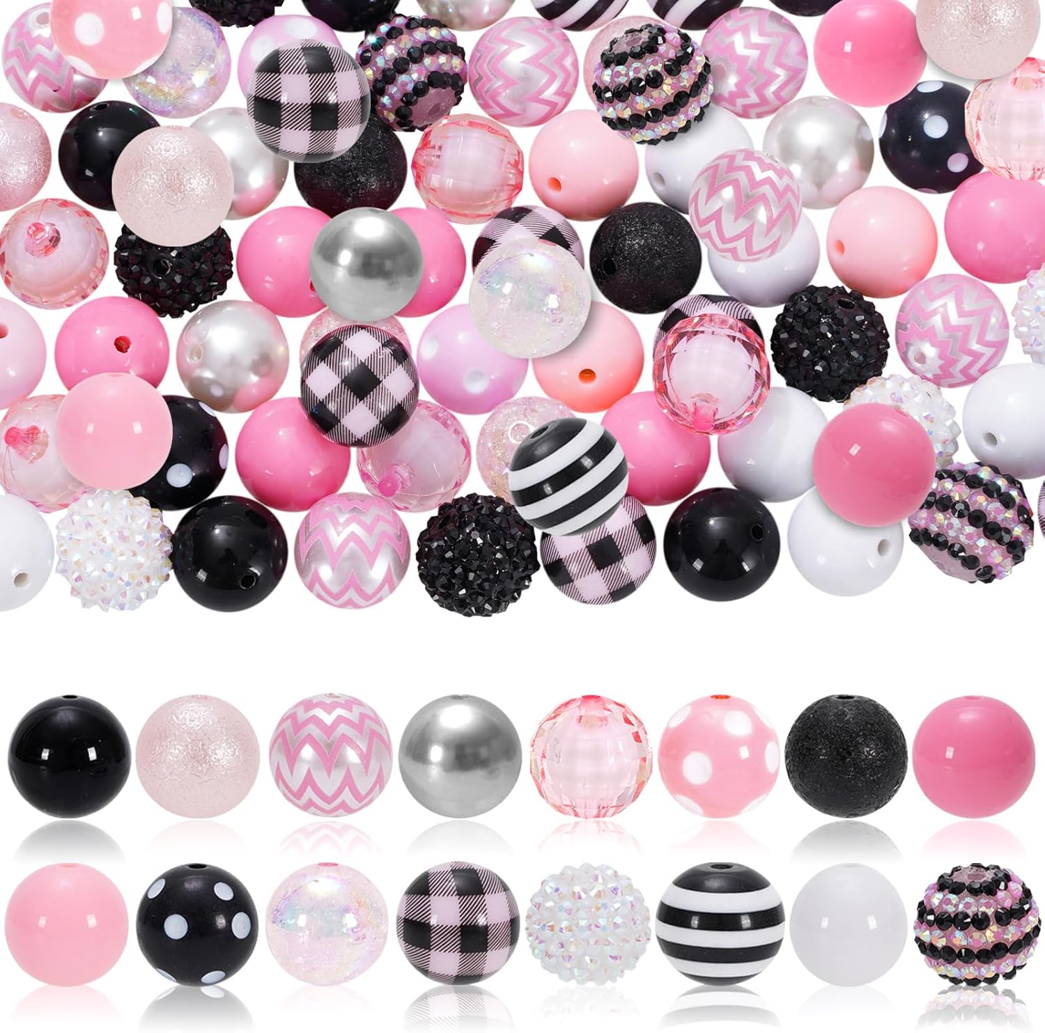 Whaline 50 cuentas de goma de mascar mixtas de 0.78 pulgadas, 16 estilos, cuentas espaciadoras rosas y negras, juego de cuentas gruesas de punto a