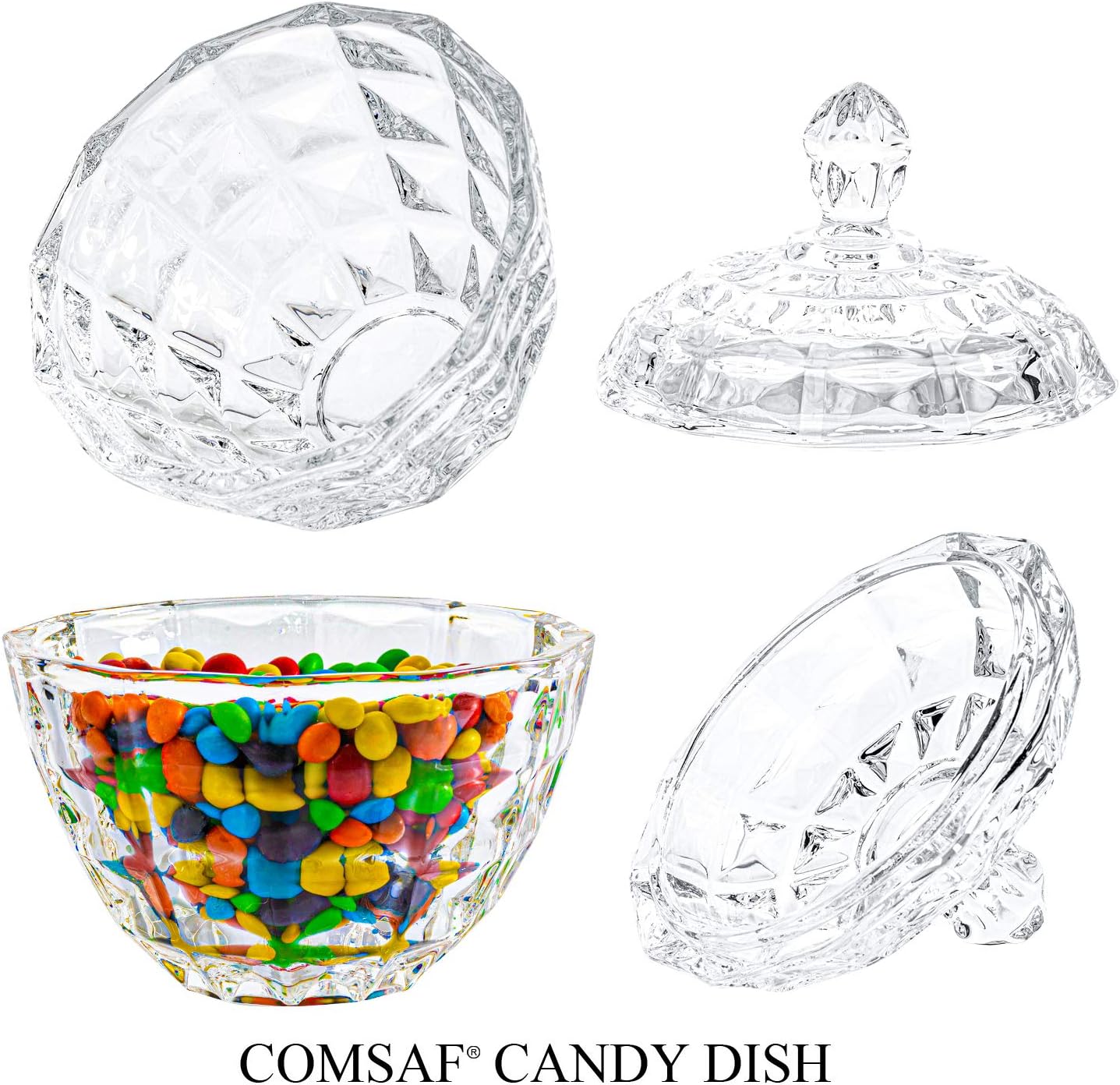 ComSaf Plato de caramelo de vidrio con tapa, cuenco decorativo para caramelos, tarro de caramelo cubierto de cristal para escritorio de oficina en