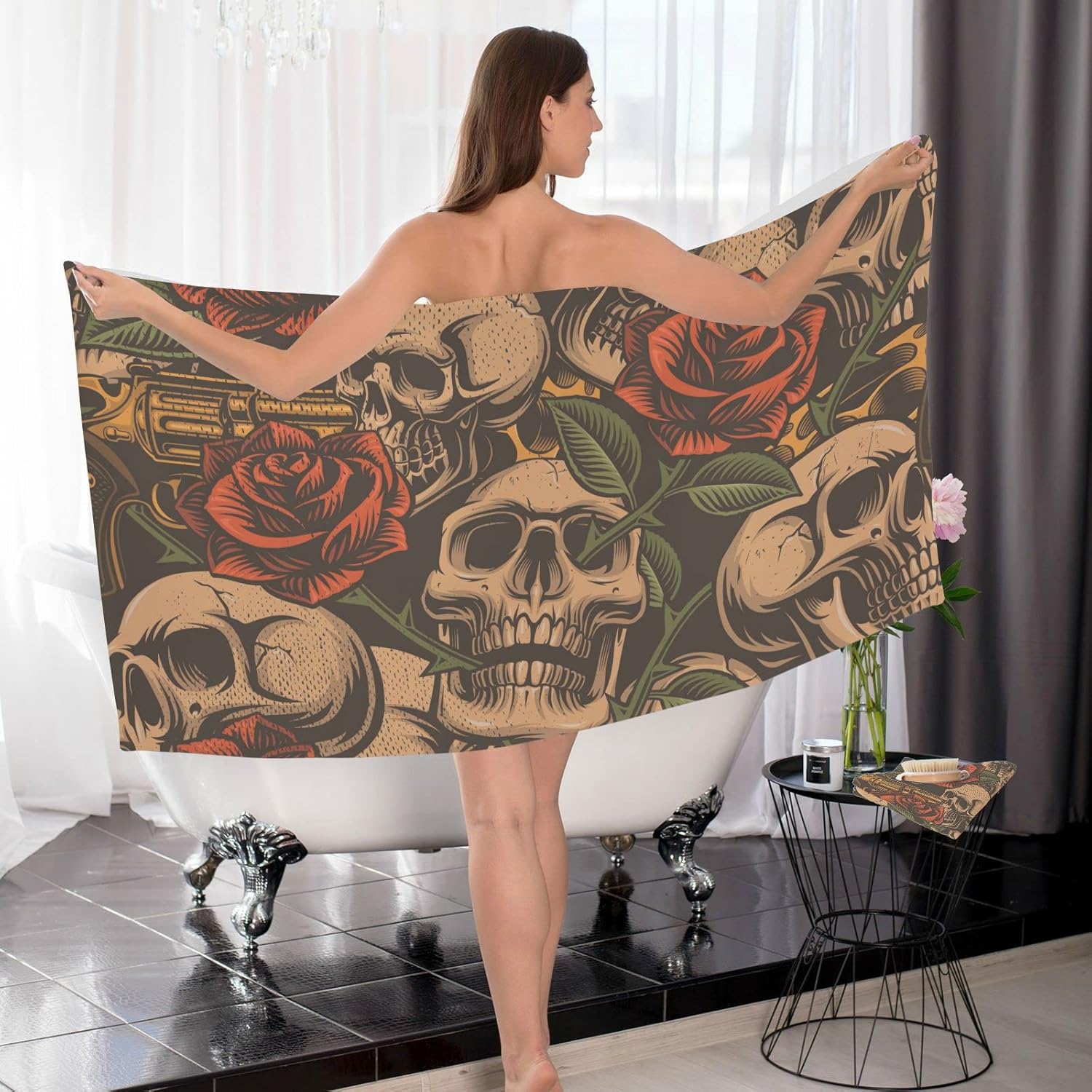 Skulls Guns Roses – Juego de toallas de baño de algodón para baño, juego de toallas suaves, 1 toalla de baño, 1 toallita suave, absorbente, para