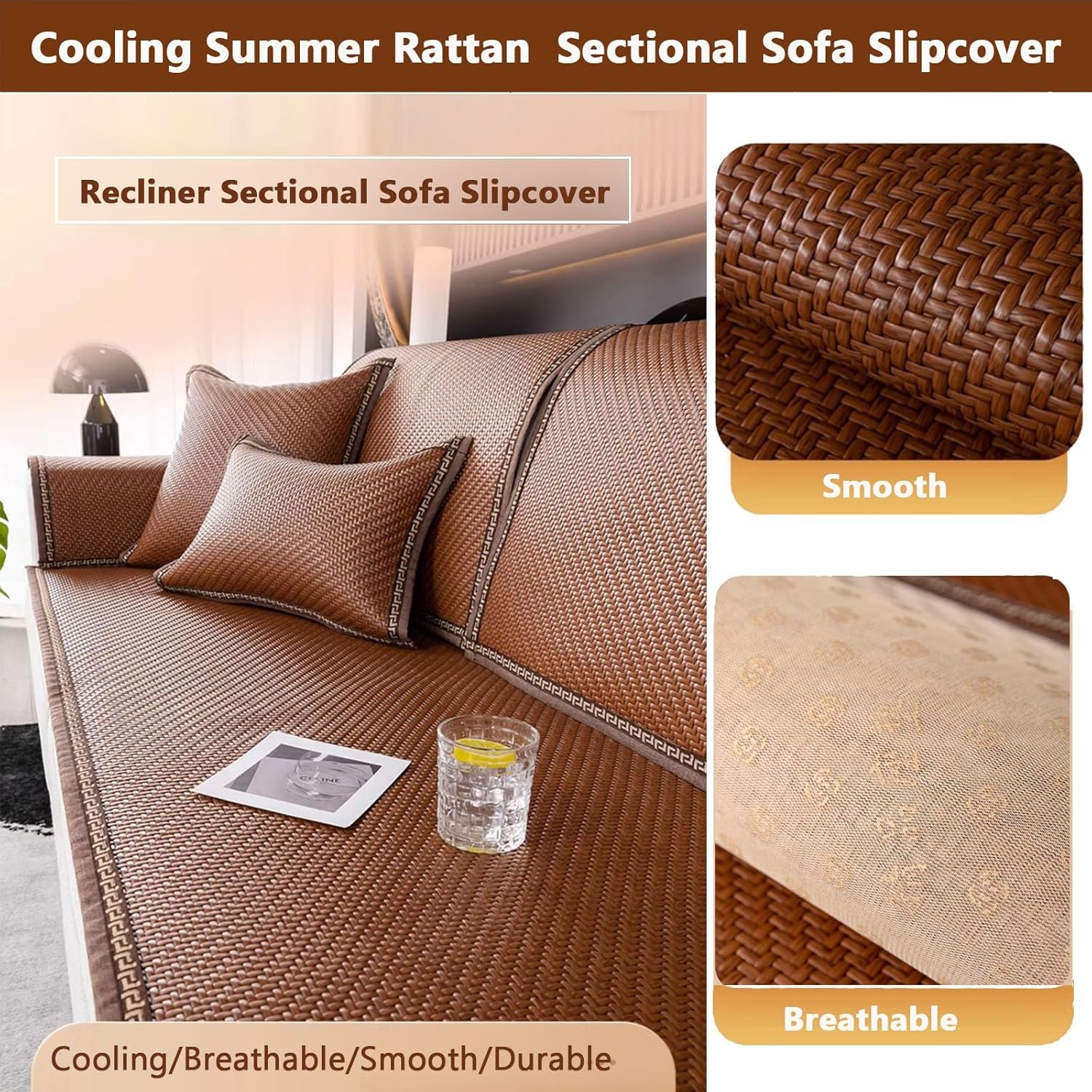 Fundas de sofá refrescante de ratán de verano para 234 plazas, funda de sofá modular de bambú transpirable, funda de cojín reclinable para sofá,