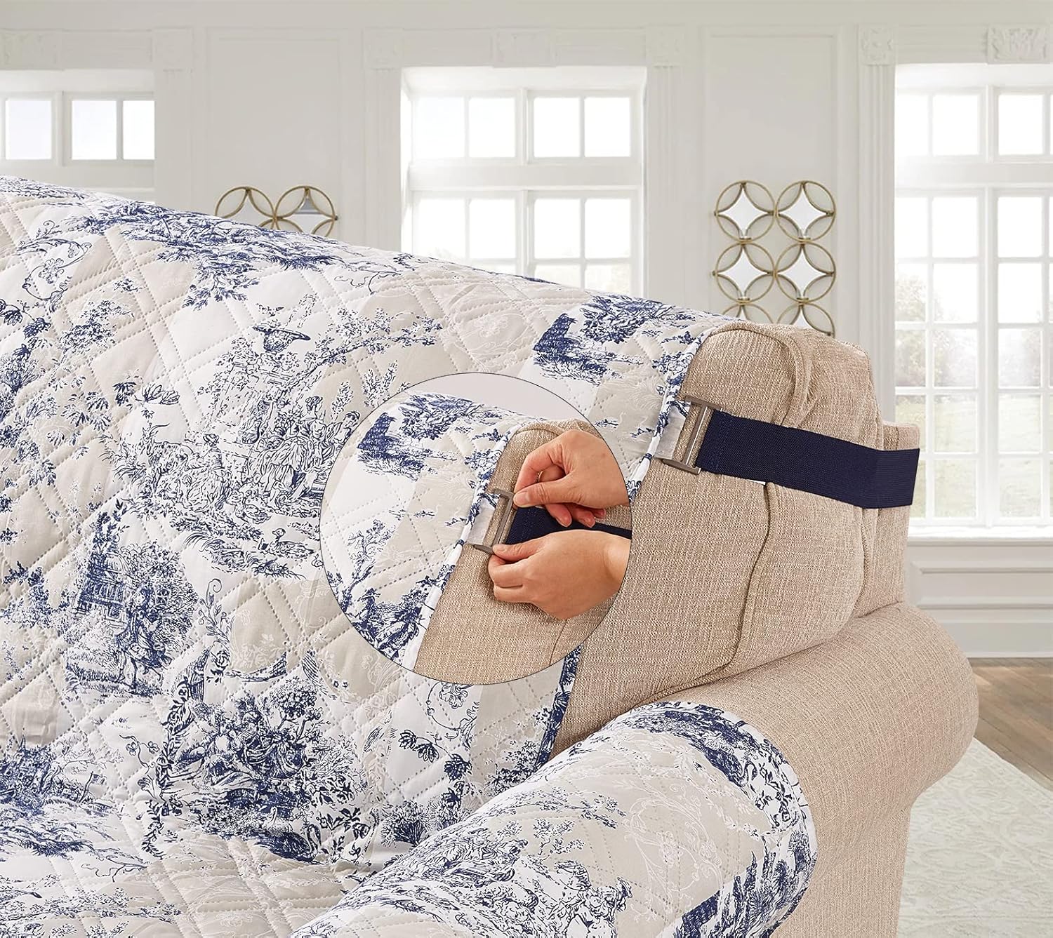 Brilliant Sunshine Blue Toile – Funda acolchada para sillón reclinable grande, 28 pulgadas de ancho de asiento, protector de muebles antideslizante,