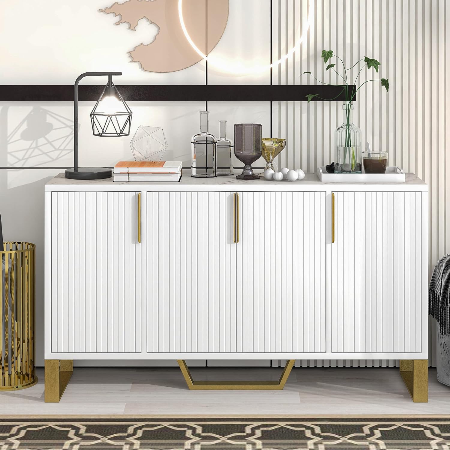 P PURLOVE Aparador moderno con cuatro puertas, armario de madera con estante ajustable, mesa de cocina con almacenamiento con patas de metal para