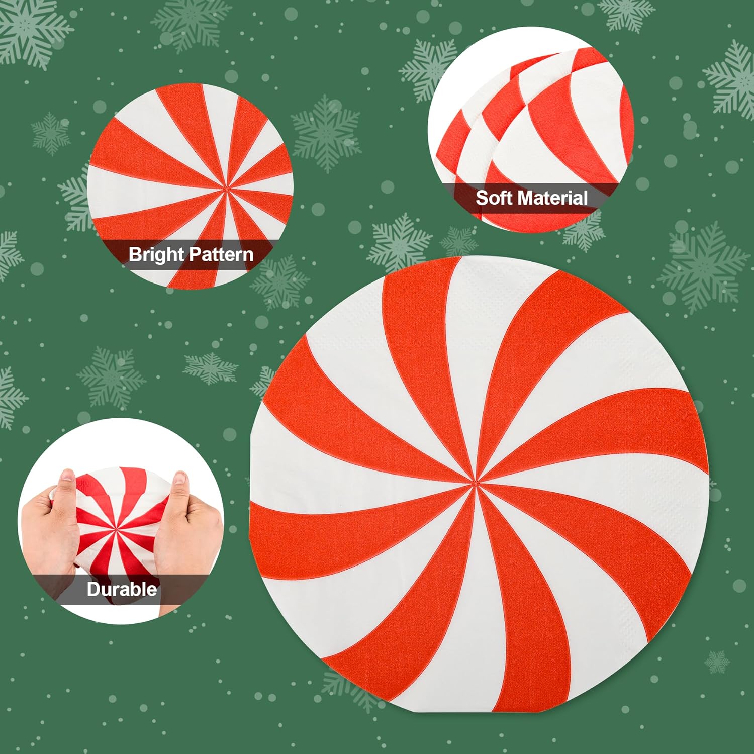 Servilletas de papel de Navidad, 100 servilletas desechables de caramelo de menta redondas, piruletas de Navidad, decoración de vajilla, servilletas